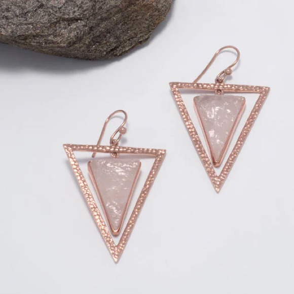 Rose Quartz Triangle Statement Earrings- Rose Gold